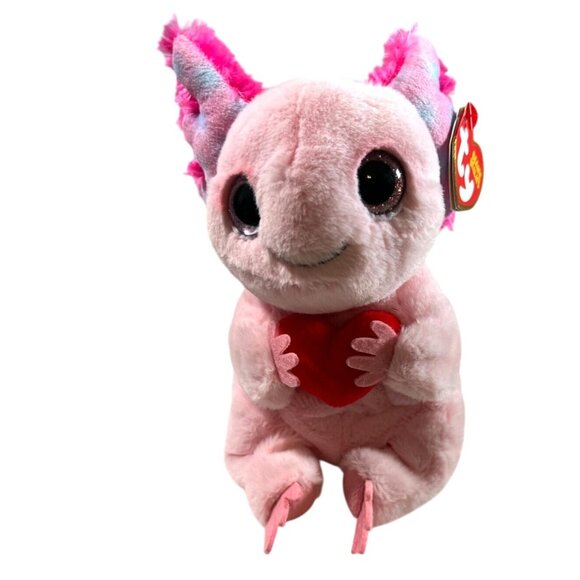 Ty Beanie Bellies Locky Plush Pink Axolotl With Heart Valentiens Anniversary - Picture 1 of 6